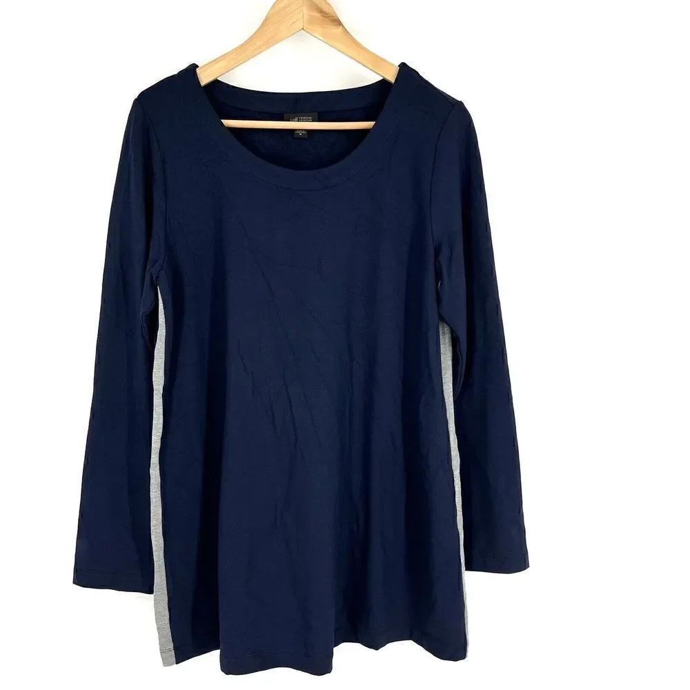 J Jill Wearever Tunic Top Size Medium Navy Sweatshirt Gray Side Stripe Pullover